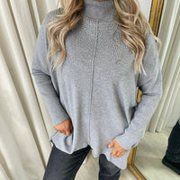 Grey high-neck oversized knit jumper with rhinestone speckle front detail