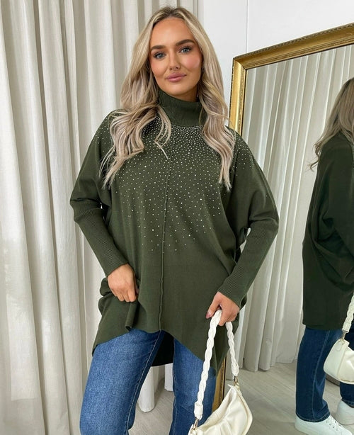 Olive oversized knitted jumper with rhinestone dot pattern, high neck and long sleeves