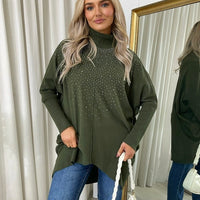Olive oversized knitted jumper with rhinestone dot pattern, high neck and long sleeves