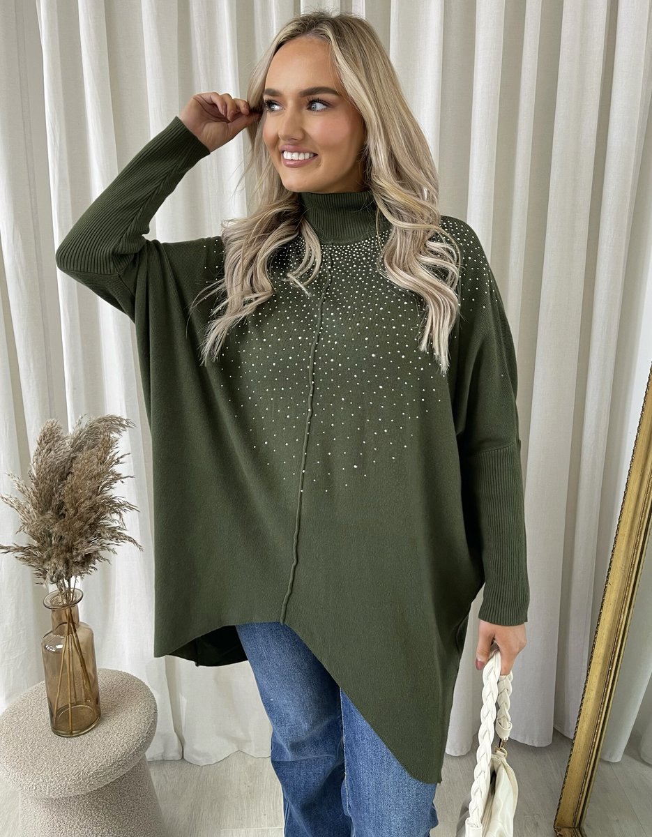 Green oversized knitted jumper with high neck and rhinestone speckle detail, front view