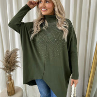 Green oversized knitted jumper with high neck and rhinestone speckle detail, front view