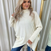 White high-neck knitted jumper with rhinestone speckle detail and long sleeves