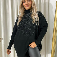 Black oversized knitted jumper with rhinestone dot pattern and high neck, long puff sleeves