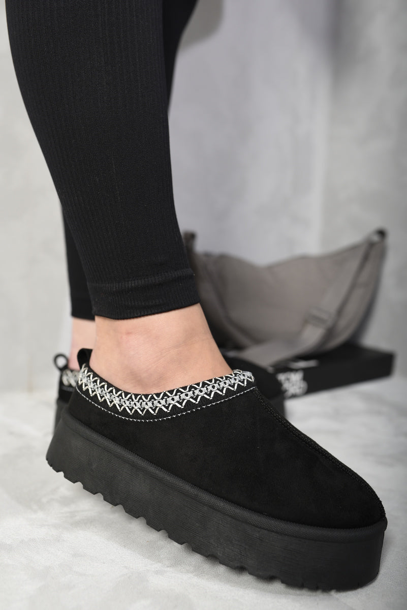 Platform Slip-On Shoes in Cream with Geometric Trim