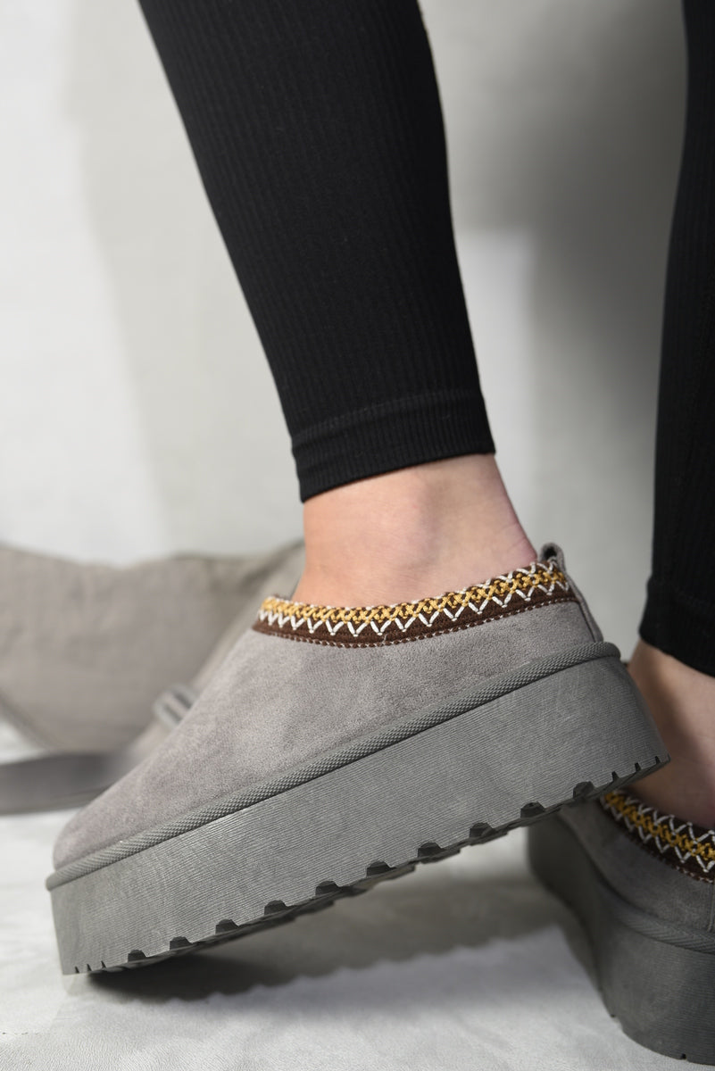 Platform Slip-On Shoes in Cream with Geometric Trim