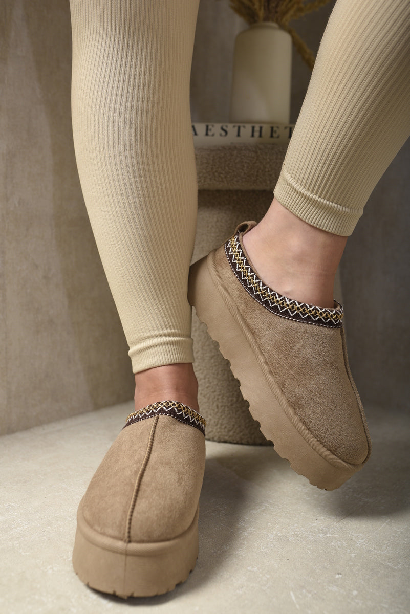 Platform Slip-On Shoes in Cream with Geometric Trim