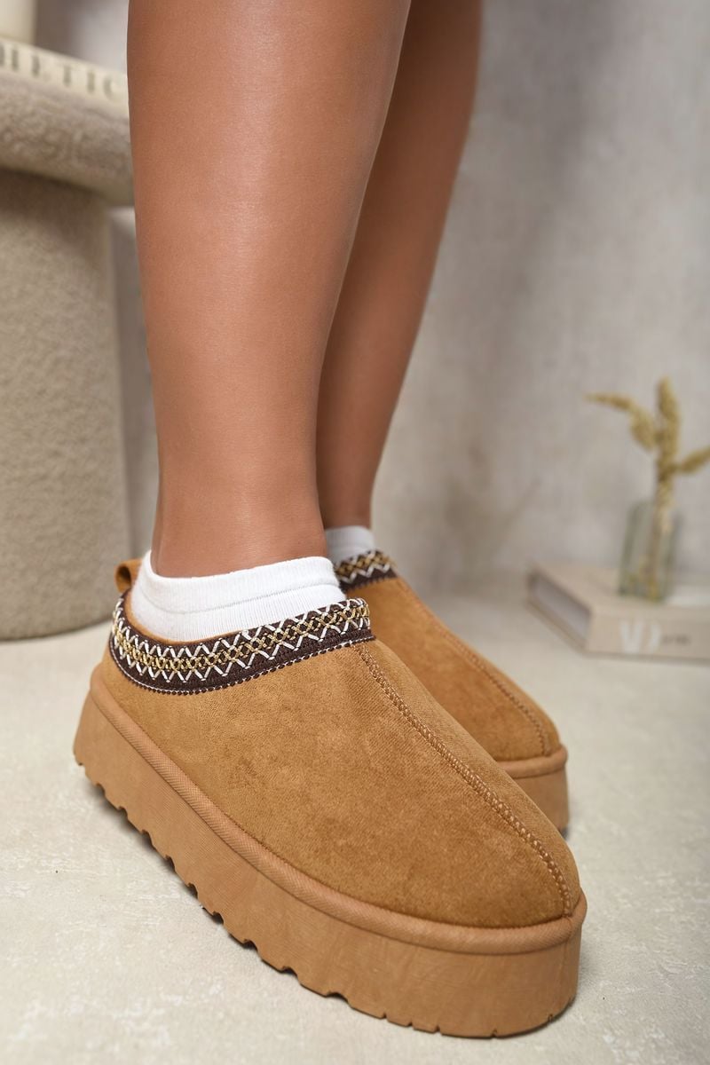 Platform Slip-On Shoes in Cream with Geometric Trim