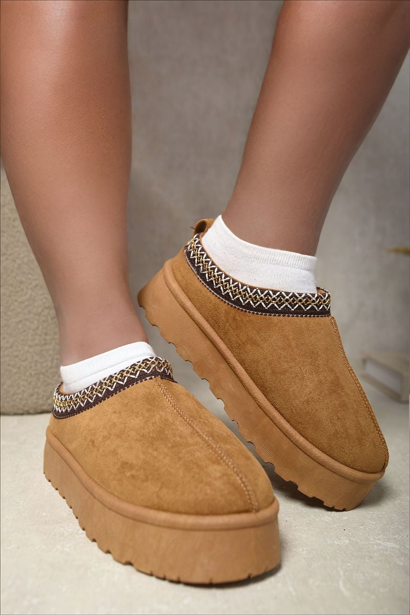 Platform Slip-On Shoes in Cream with Geometric Trim