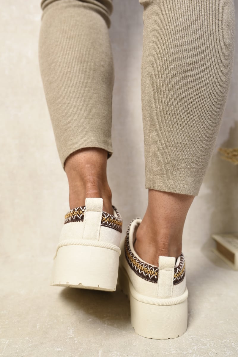 Platform Slip-On Shoes in Cream with Geometric Trim