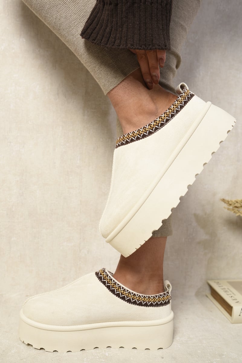 Platform Slip-On Shoes in Cream with Geometric Trim