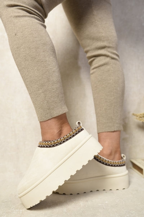 Platform Slip-On Shoes in Cream with Geometric Trim