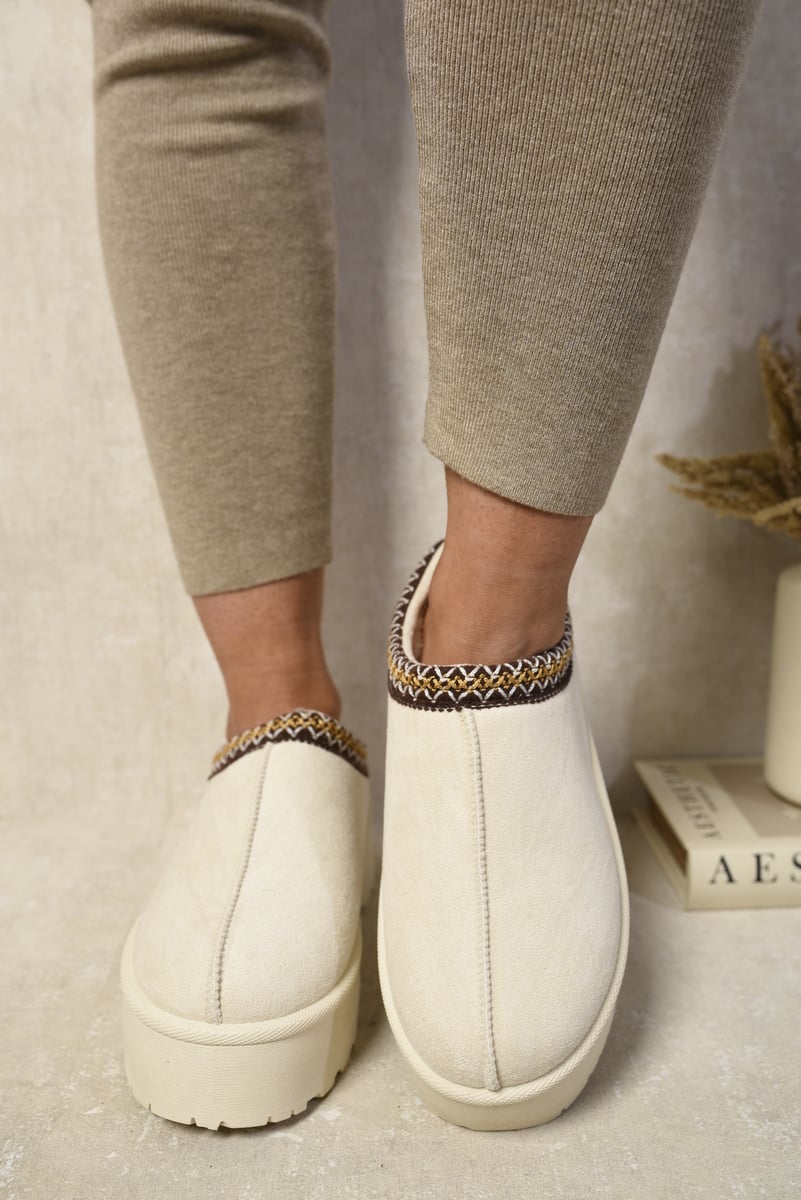 Platform Slip-On Shoes in Cream with Geometric Trim