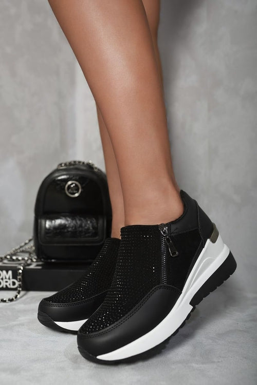 Black platform trainers with rhinestone front panel and side zip, thick sole