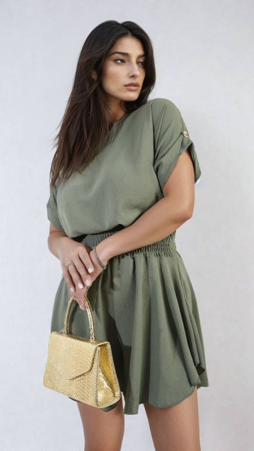 Sage green roll-sleeve top and elastic shirred waist shorts co-ord set