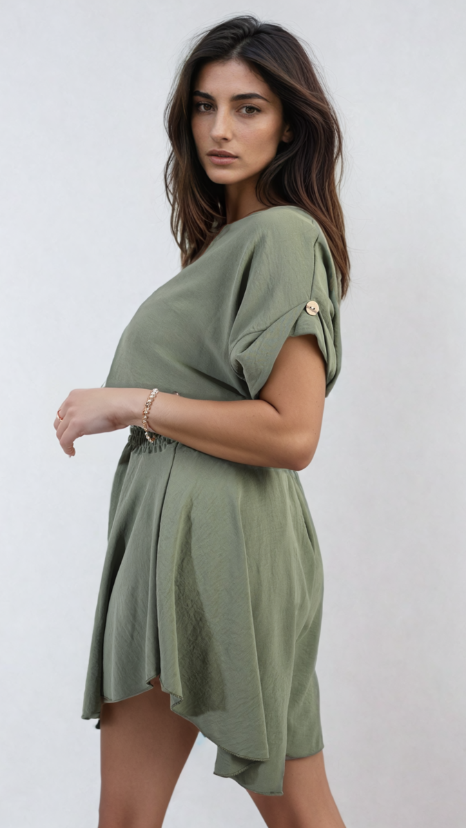 Olive green roll-sleeve top and elastic shirred waist shorts co-ord set