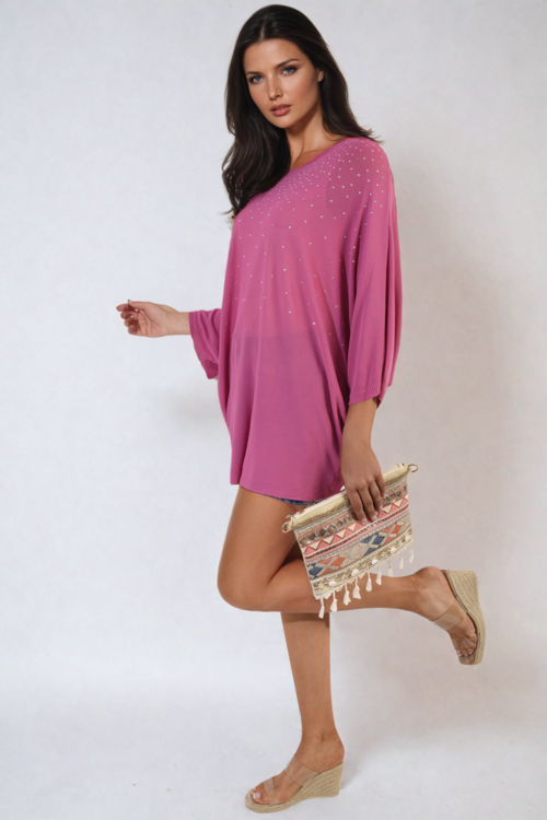Oversized fuchsia round-neck top with scattered studded dot detail