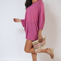 Oversized fuchsia round-neck top with scattered studded dot detail