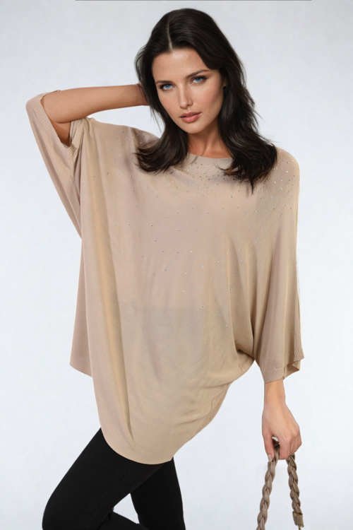 Oversized beige round-neck top with scattered studded dot embellishment