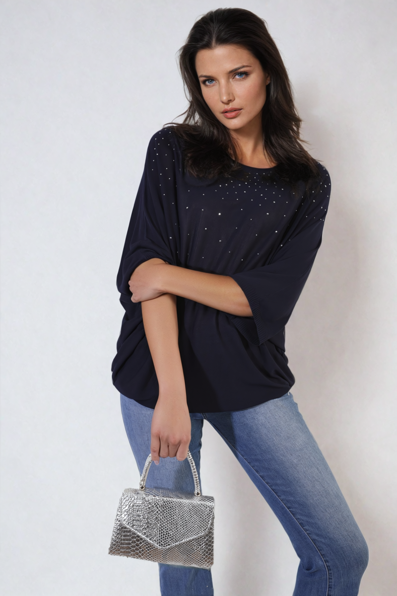 Oversized dark round-neck top with studded speckle detail, draped three-quarter sleeves