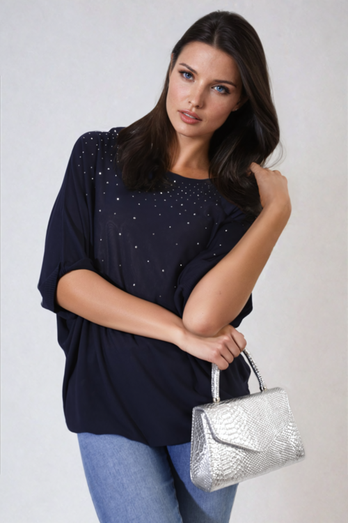 Oversized navy round-neck top with small studded dot accents