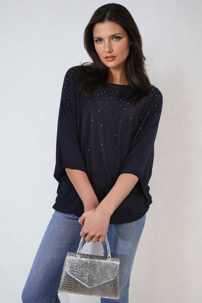 Oversized dark round-neck top with studded speckle detail, wide three-quarter sleeves