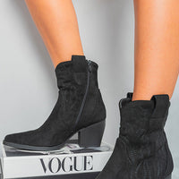 Black ankle boots with western embroidery, side zipper, and mid block heel