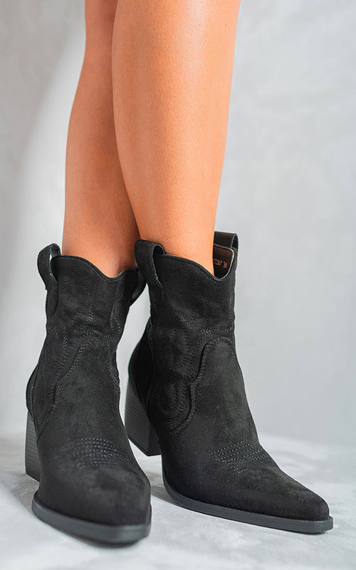 Black ankle boots with western embroidery, side zipper, and mid block heel