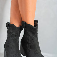 Black ankle boots with western embroidery, side zipper, and mid block heel