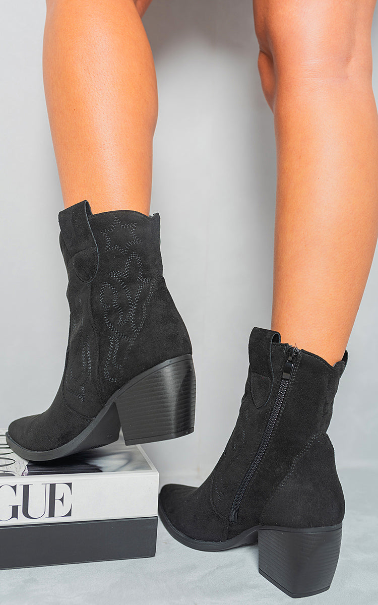 Black suede-look ankle boots with pull tab, stitched pattern, and chunky heel