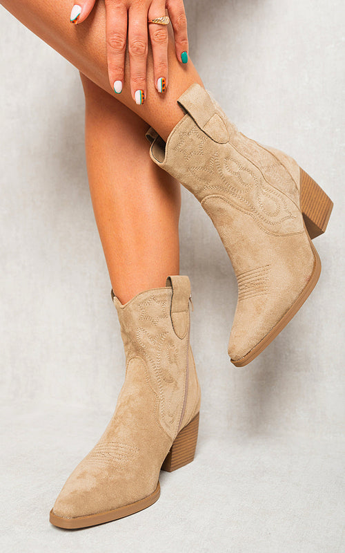 Camel suede ankle boots, front view, western stitching and stacked block heel