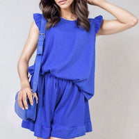 Blue ruffle-sleeve top and matching shorts set with tiered waist ruffle