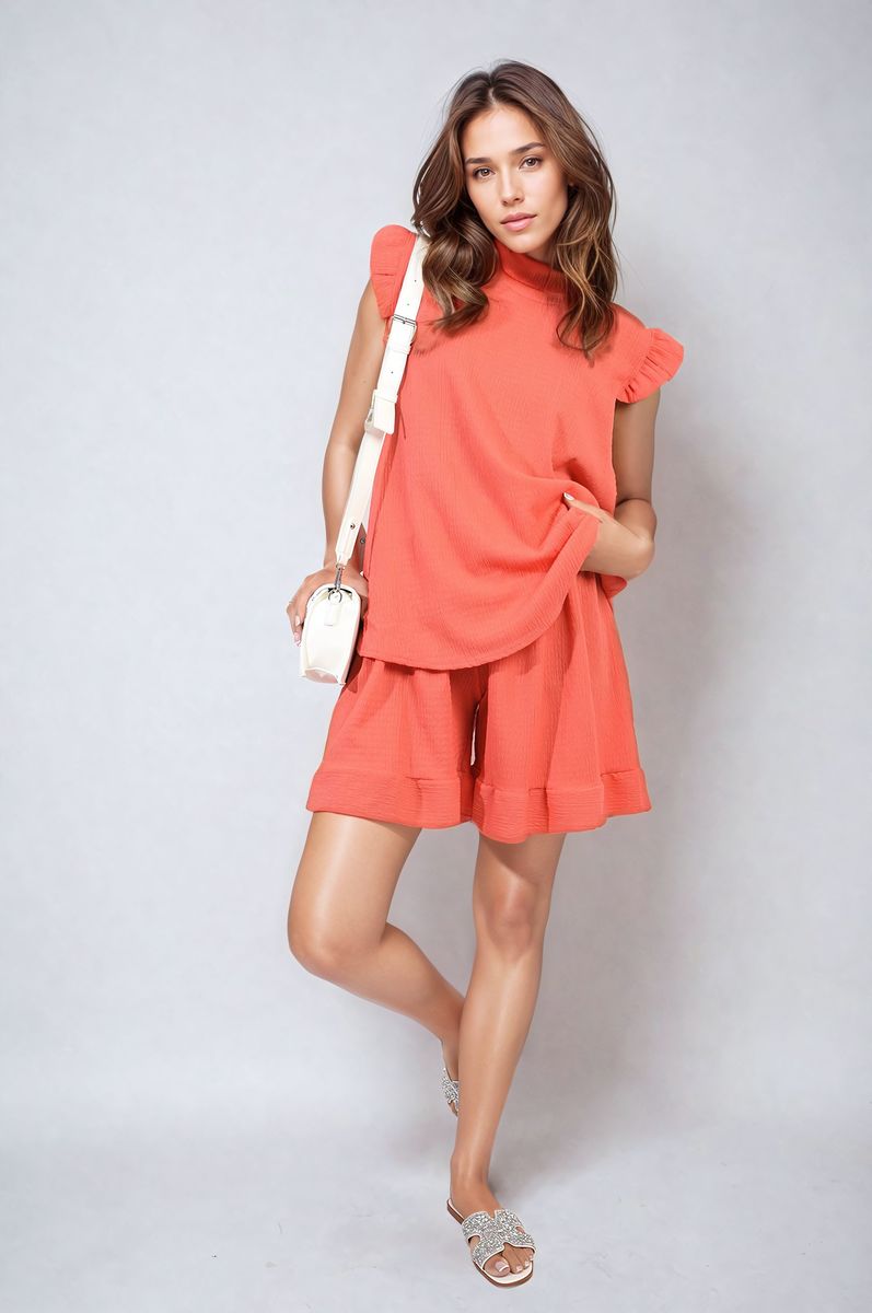 Coral ruffle-sleeve top and matching shorts co-ord set, relaxed fit