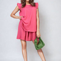 Hot pink ruffle-sleeve top and matching shorts co-ord set, easy everyday wear