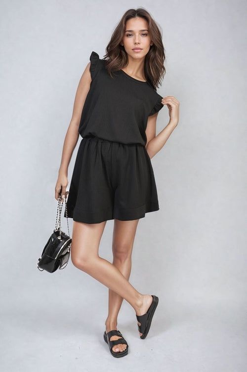 Black ruffle-trim sleeveless top and matching shorts set with gathered waist