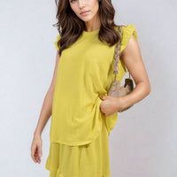 Ruffle-trim sleeve top and shorts set in bright yellow, front view