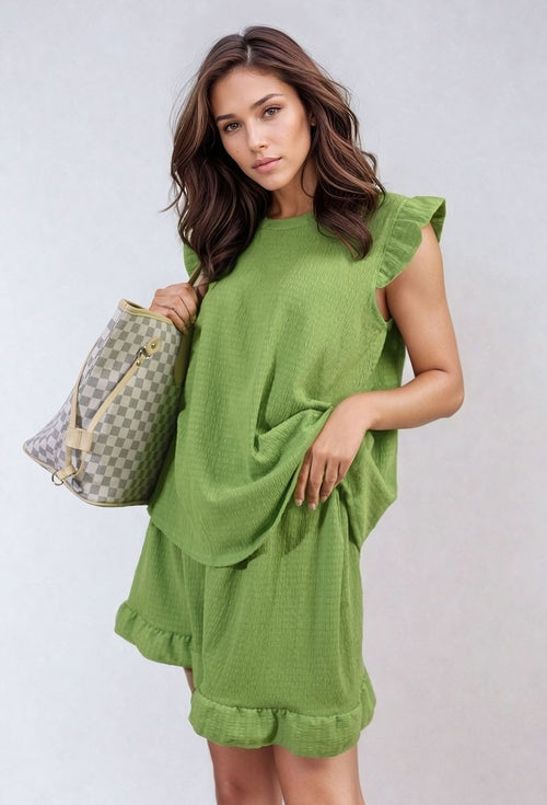Green ruffle-trim short-sleeve top and matching shorts set with tiered skirt hem