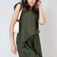 Olive green ruffle-trim sleeveless top and matching shorts set with tiered drape