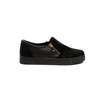 Black slip-on trainer with gold-trim zip front and textured upper.