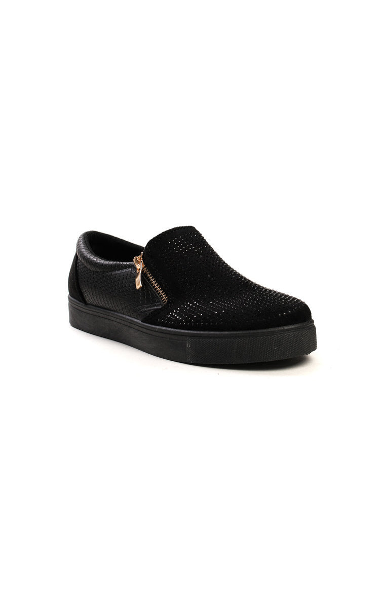 Black slip-on trainer with diamante-look front and textured side panels.