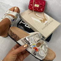 Rhinestone Double Buckle Adjustable Slip On Slides Sandals