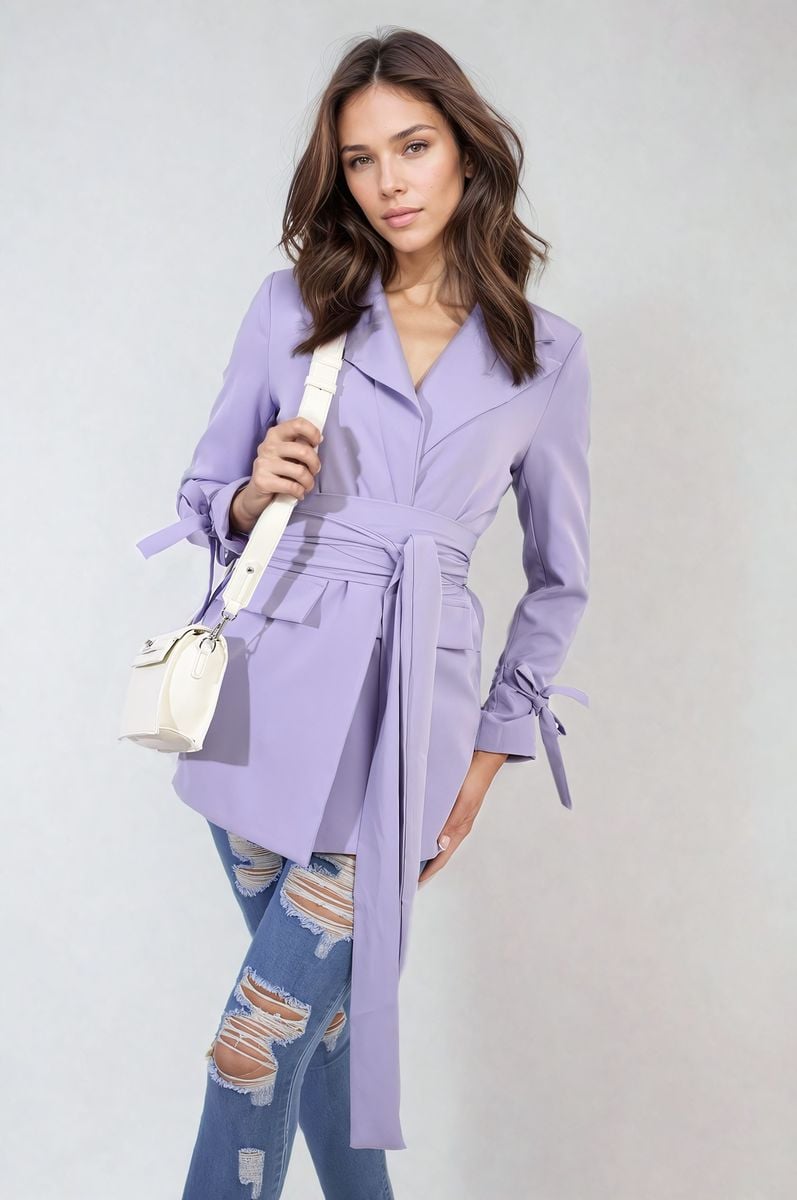 Lilac belted blazer jacket with collar and long sleeves, V-neck front