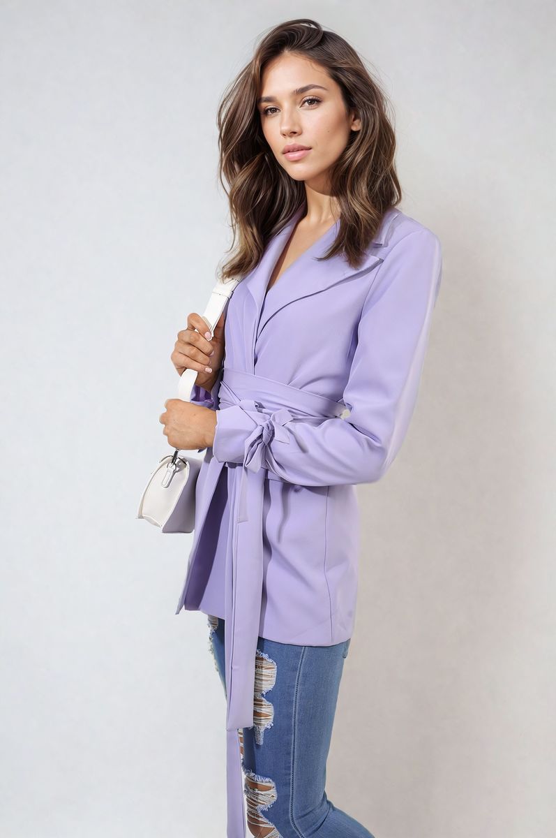 Lilac belted blazer jacket with V-neck collar and cuff tie sleeves