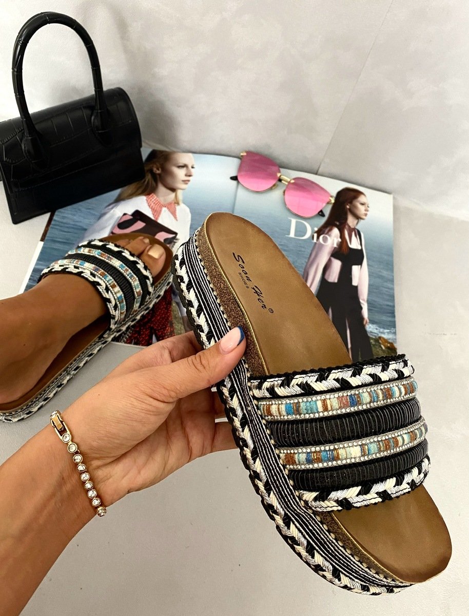 Platform slide sandals with braided trim and embellished straps in dark multicolor