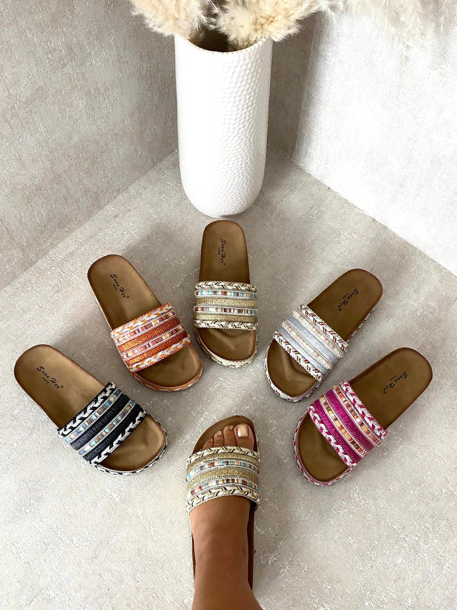 Platform slide sandals, set of multiple colors, woven embellished straps with braided trim