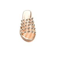 Nude flat slide sandals with studded lattice rhinestone straps, open toe