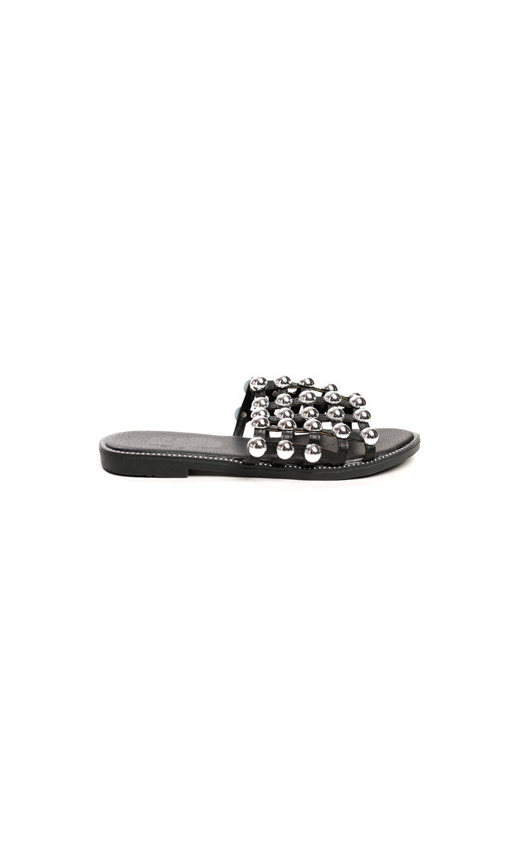 Dark flat slide sandals with silver studded lattice top and open toe