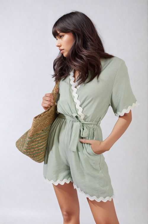 Mint wrap playsuit with scalloped white trim, waist tie and short sleeves