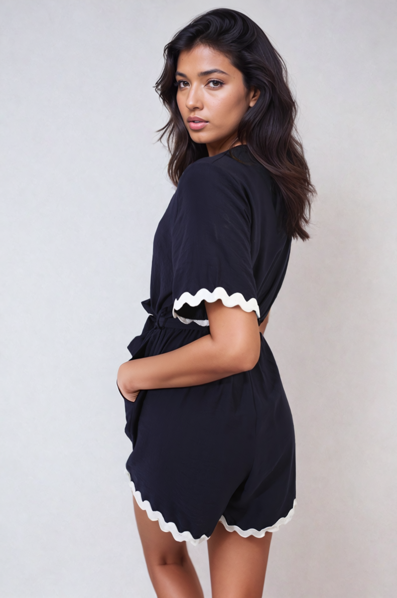 Dark wrap playsuit with contrast scalloped trim and waist tie, short sleeves