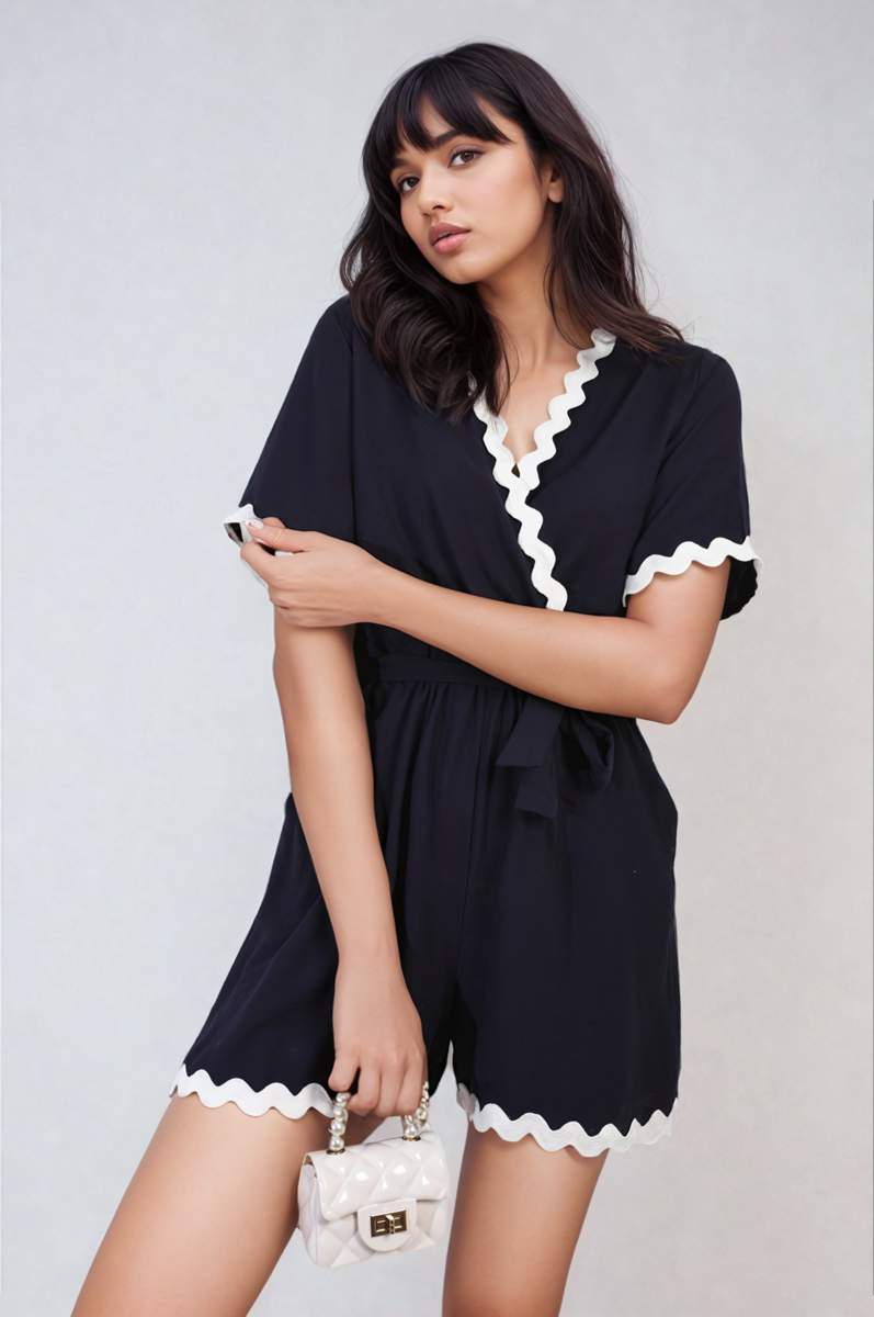 Black wrap playsuit with contrast scalloped trim and waist tie, short sleeves