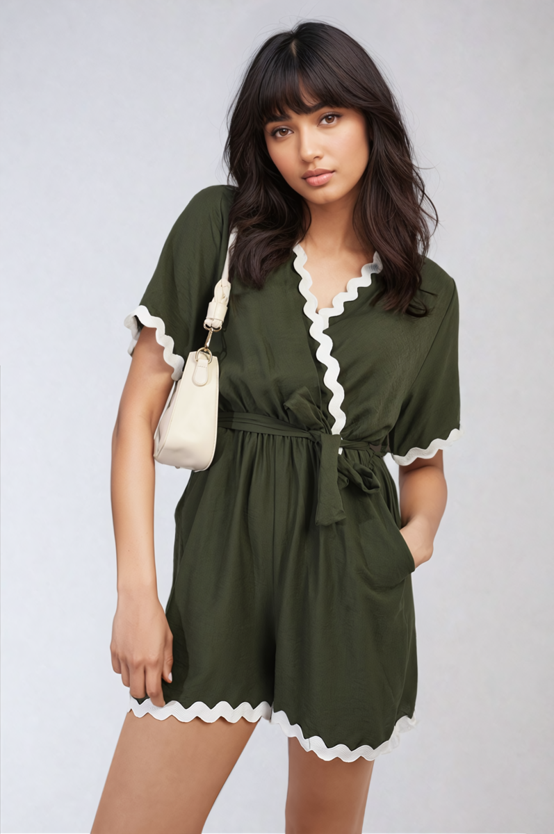 Olive green wrap playsuit with contrast scalloped trim and waist tie